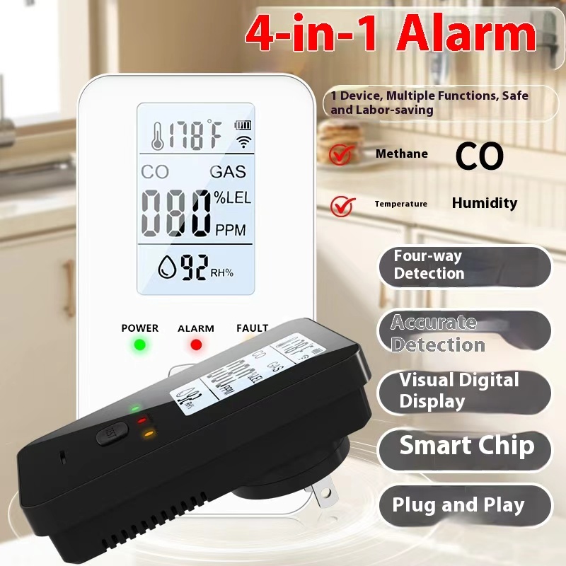 Co Detector Plug - 4-in-1 gasdetector Koolmonoxidemelder Methaansensor Temperatuur-vochtigheidsmonitor Plug-in