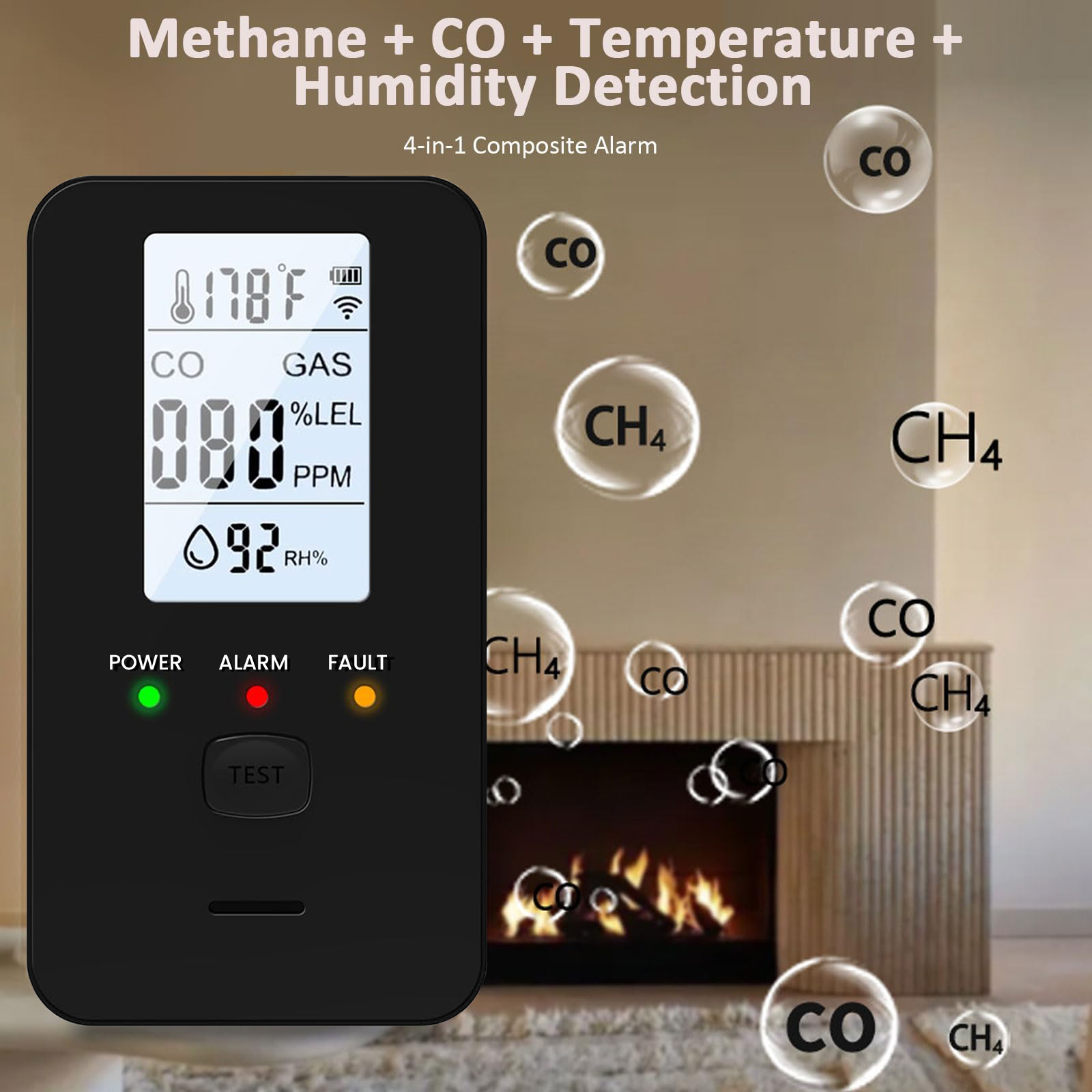 Co Detector Plug - 4-in-1 gas- en koolmonoxidedetector met LED-kleurendisplay